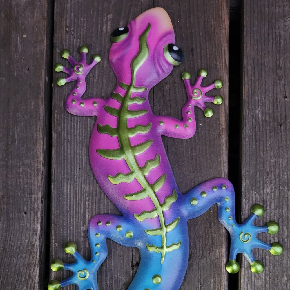 12" Purple/Green Metalic Vibrant Color Metal Gecko Wall Decor Outdoor Art